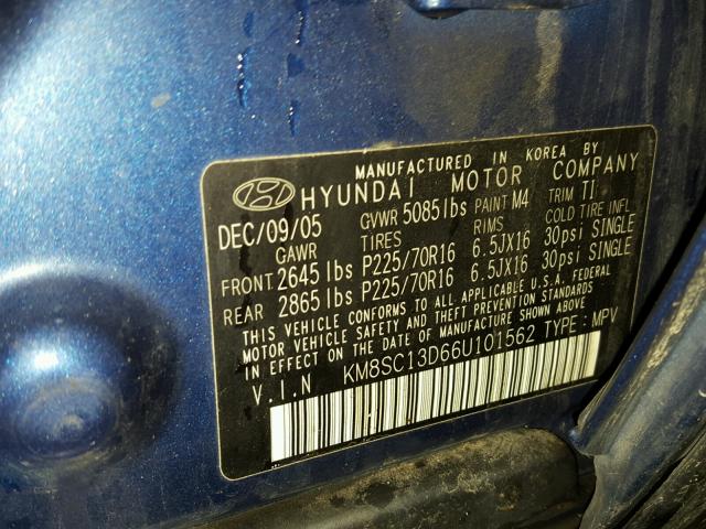 KM8SC13D66U101562 - 2006 HYUNDAI SANTA FE G BLUE photo 10