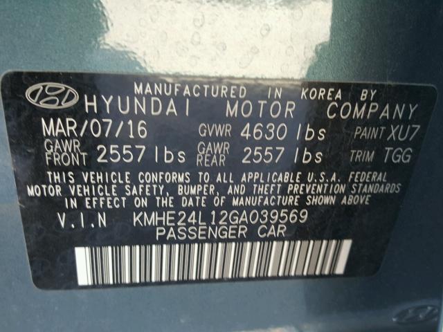 KMHE24L12GA039569 - 2016 HYUNDAI SONATA HYB BLUE photo 10