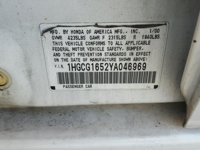 1HGCG1652YA046969 - 2000 HONDA ACCORD EX WHITE photo 10