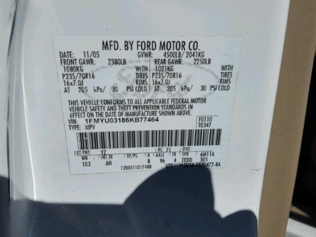 1FMYU03186KB77464 - 2006 FORD ESCAPE XLT WHITE photo 10