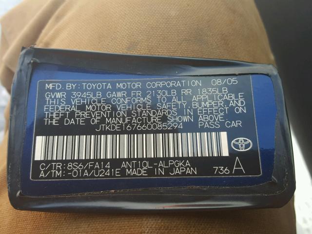 JTKDE167660085294 - 2006 TOYOTA SCION TC BLUE photo 10