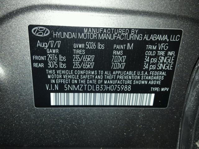 5NMZTDLB3JH075988 - 2018 HYUNDAI SANTA FE S SILVER photo 10