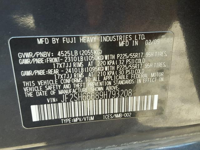 JF2SH66689H793208 - 2009 SUBARU FORESTER 2 CHARCOAL photo 10