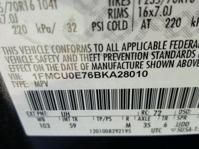 1FMCU0E76BKA28010 - 2011 FORD ESCAPE LIM BLACK photo 10