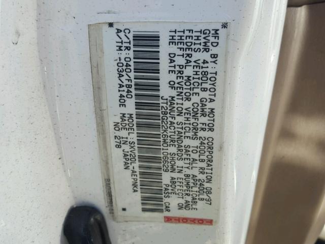 JT2BG22K6W0106629 - 1998 TOYOTA CAMRY CE WHITE photo 10