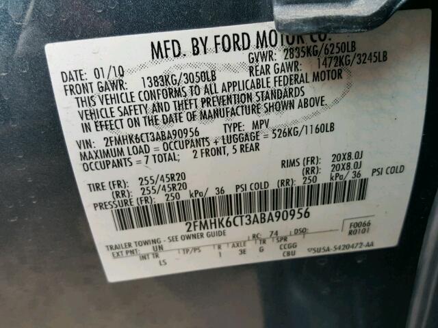 2FMHK6CT3ABA90956 - 2010 FORD FLEX SEL Mavi foto 10