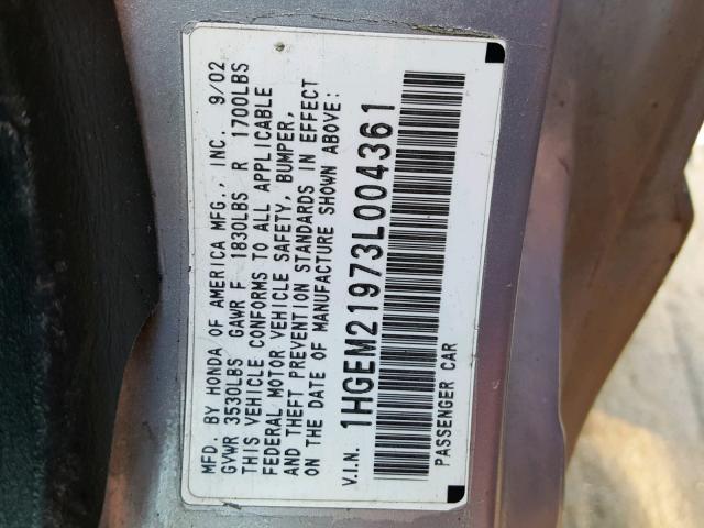 1HGEM21973L004361 - 2003 HONDA CIVIC EX GRAY photo 10