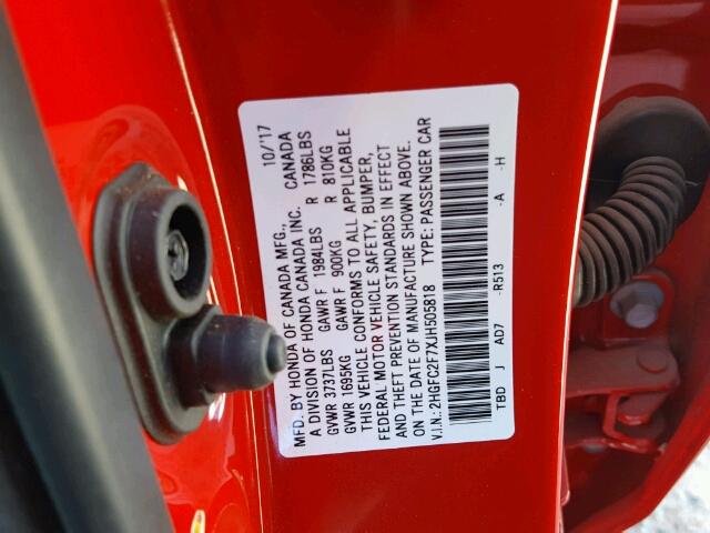 2HGFC2F7XJH505818 - 2018 HONDA CIVIC EX RED photo 10