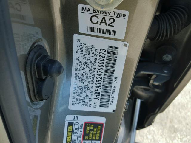 JHMFA36247S000873 - 2007 HONDA CIVIC HYBR GRAY photo 10