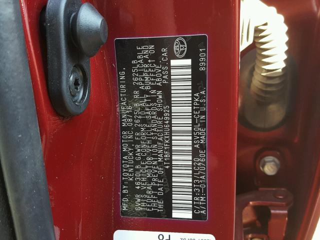 4T1BF1FKXHU649925 - 2017 TOYOTA CAMRY LE RED photo 10