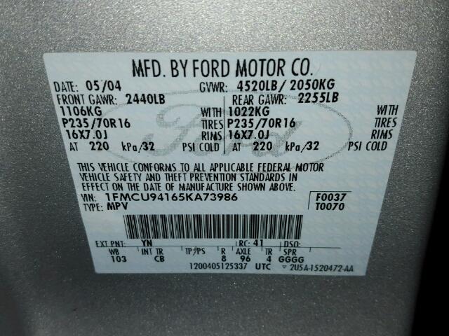 1FMCU94165KA73986 - 2005 FORD ESCAPE LIM SILVER photo 10