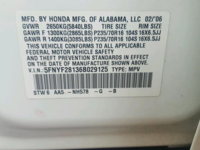 5FNYF28136B029125 - 2006 HONDA PILOT LX WHITE photo 10