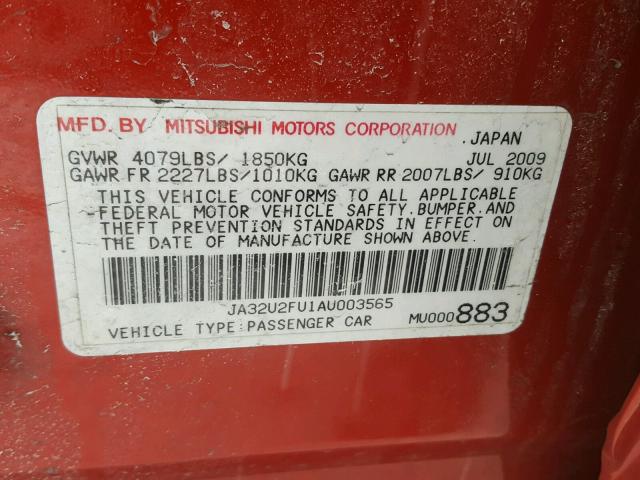 JA32U2FU1AU003565 - 2010 MITSUBISHI LANCER ES/ RED photo 10