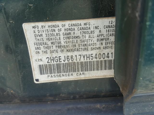 2HGEJ6617YH540041 - 2000 HONDA CIVIC BASE GREEN photo 10