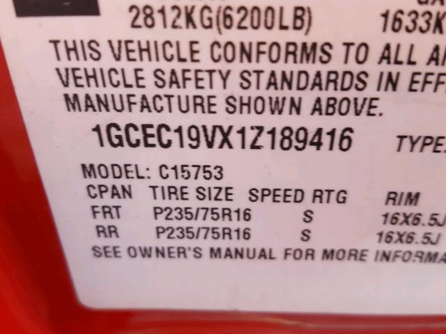 1GCEC19VX1Z189416 - 2001 CHEVROLET SILVERADO RED photo 10