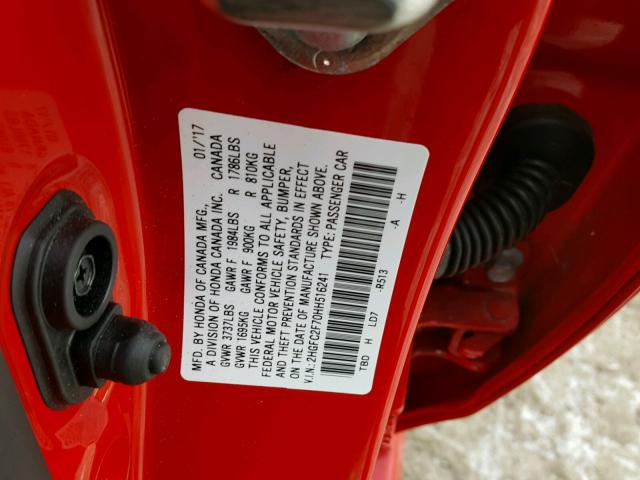 2HGFC2F70HH516241 - 2017 HONDA CIVIC EX RED photo 10