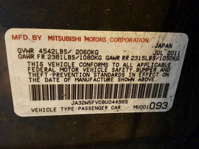 JA32W5FV0BU044985 - 2011 MITSUBISHI LANCER EVO GRAY photo 10