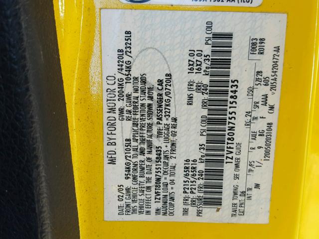 1ZVFT80N755158435 - 2005 FORD MUSTANG YELLOW photo 10