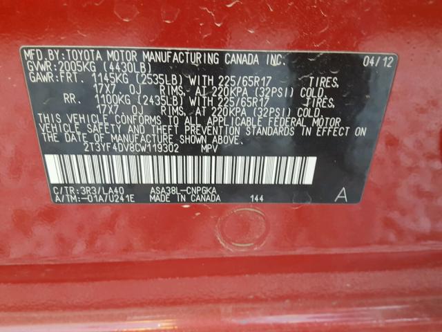 2T3YF4DV8CW119302 - 2012 TOYOTA RAV4 LIMIT RED photo 10