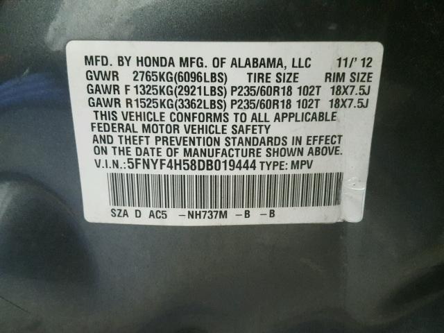 5FNYF4H58DB019444 - 2013 HONDA PILOT EXL GRAY photo 10