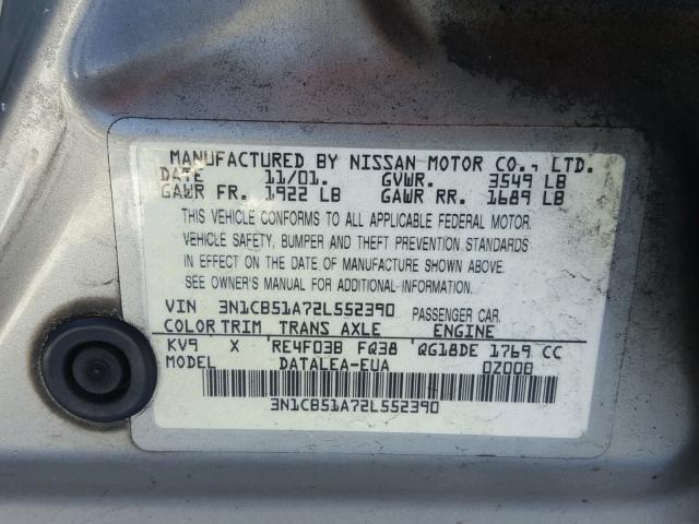 3N1CB51A72L552390 - 2002 NISSAN SENTRA GXE SILVER photo 10