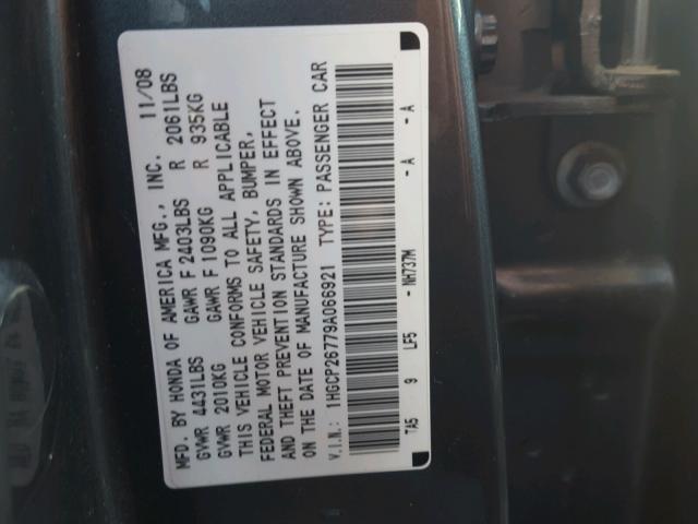 1HGCP26779A066921 - 2009 HONDA ACCORD EX GRAY photo 10