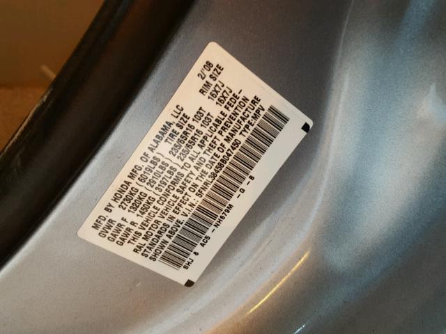 5FNRL38458B047450 - 2008 HONDA ODYSSEY EX SILVER photo 10