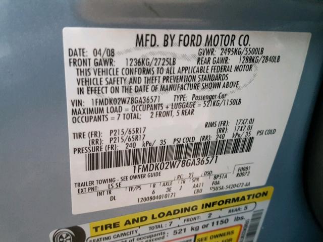 1FMDK02W78GA36571 - 2008 FORD TAURUS X S BLUE photo 10