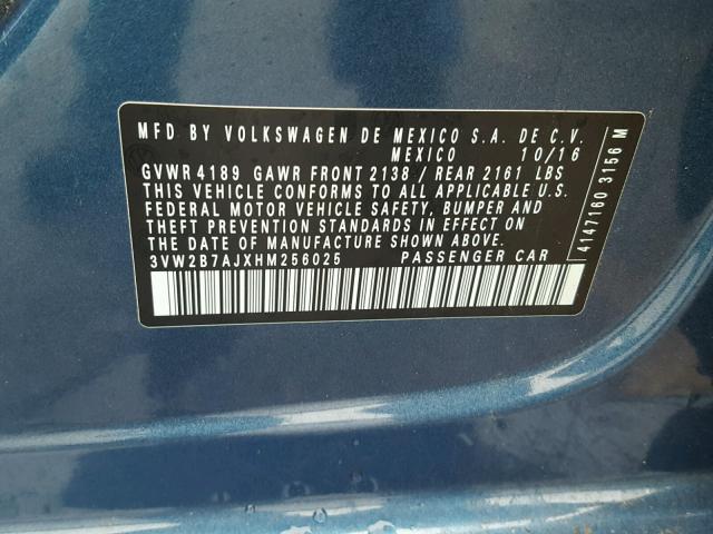 3VW2B7AJXHM256025 - 2017 VOLKSWAGEN JETTA S 蓝色 照片 10