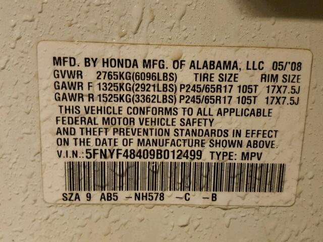 5FNYF48409B012499 - 2009 HONDA PILOT EX WHITE photo 10