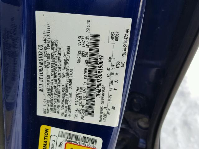 3FA6P0H78DR190049 - 2013 FORD FUSION SE BLUE photo 10