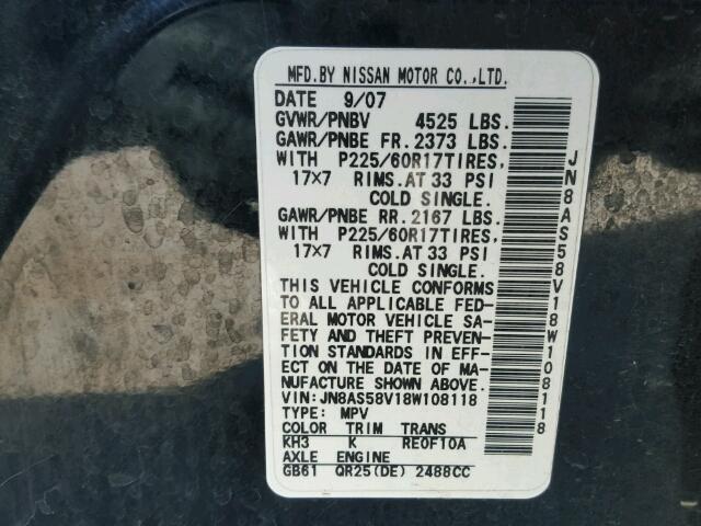 JN8AS58V18W108118 - 2008 NISSAN ROGUE S BLACK photo 10