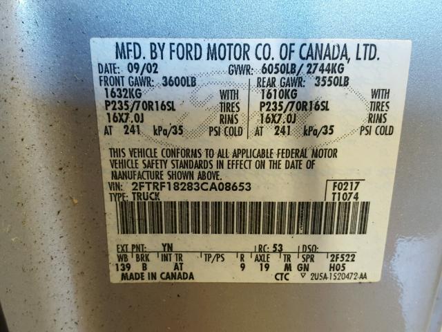 2FTRF18283CA08653 - 2003 FORD F150 GRAY photo 10