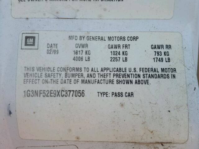 1G3NF52E9XC377056 - 1999 OLDSMOBILE ALERO GLS 白色 照片 10