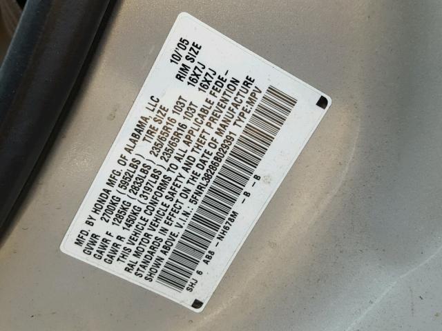 5FNRL38286B029391 - 2006 HONDA ODYSSEY LX SILVER photo 10