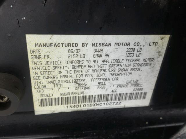 1N4DL01DXWC102722 - 1998 NISSAN ALTIMA XE BLACK photo 10