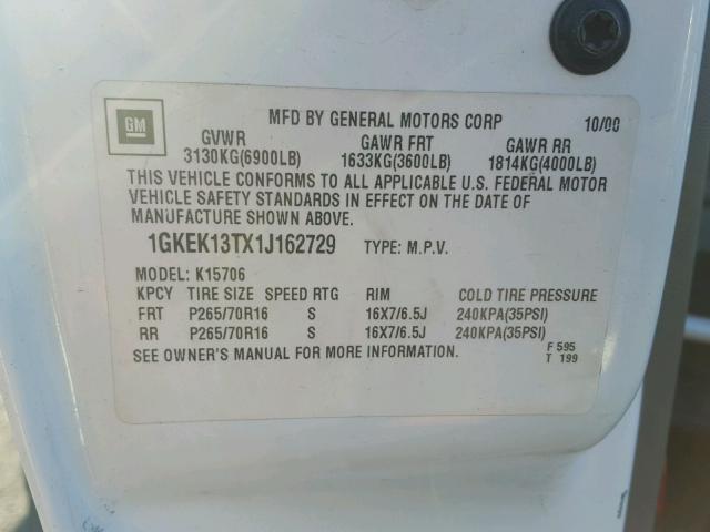 1GKEK13TX1J162729 - 2001 GMC YUKON WHITE photo 10