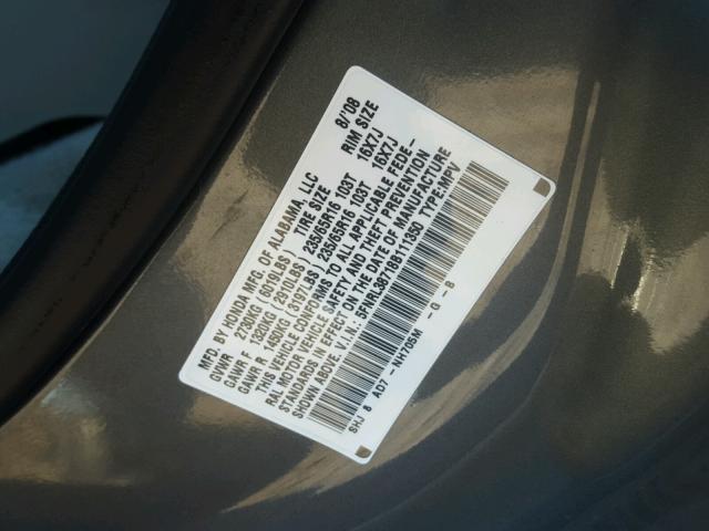 5FNRL38718B111350 - 2008 HONDA ODYSSEY EX GRAY photo 10