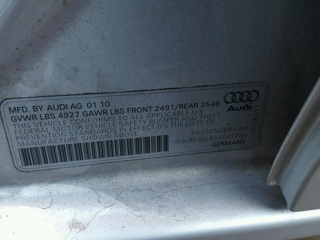 WAUBFAFL8AN047230 - 2010 AUDI A4 PREMIUM SILVER photo 10