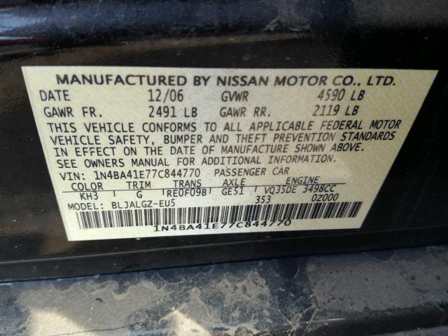 1N4BA41E77C844770 - 2007 NISSAN MAXIMA SE BLACK photo 10