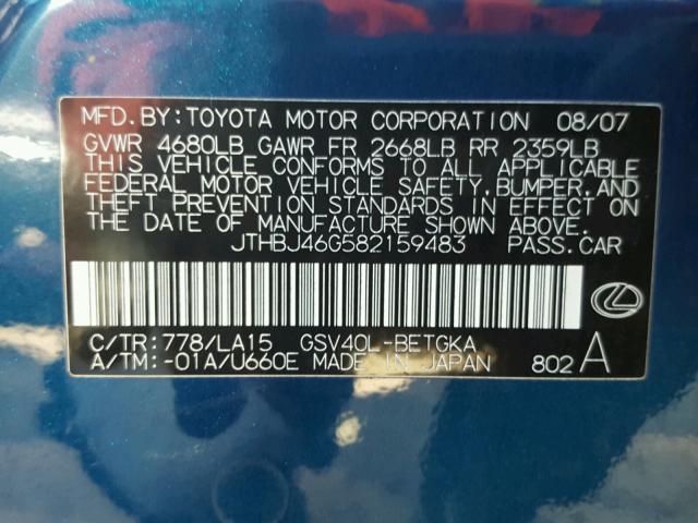 JTHBJ46G582159483 - 2008 LEXUS ES 350 BLUE photo 10