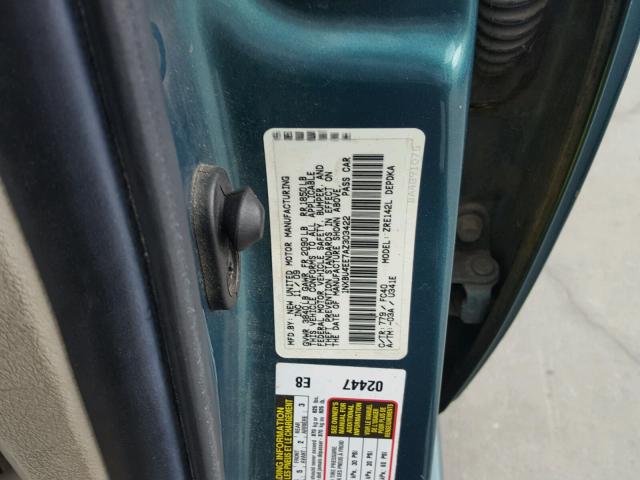 1NXBU4EE7AZ303422 - 2010 TOYOTA COROLLA BA GREEN photo 10