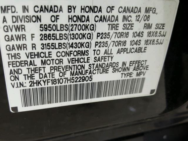 2HKYF18107H522905 - 2007 HONDA PILOT LX BLACK photo 10