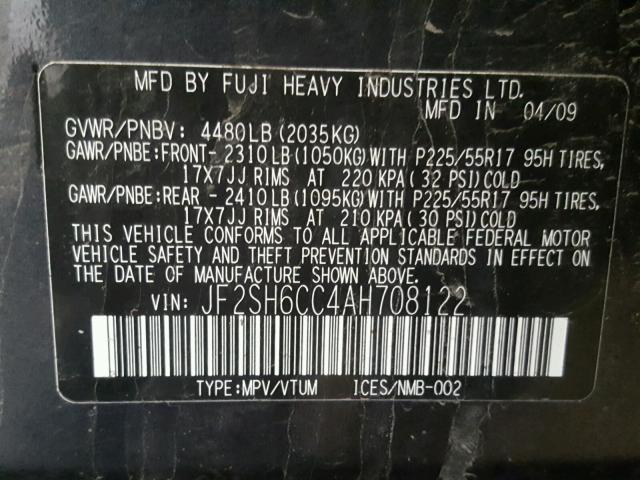 JF2SH6CC4AH708122 - 2010 SUBARU FORESTER 2 GRAY photo 10