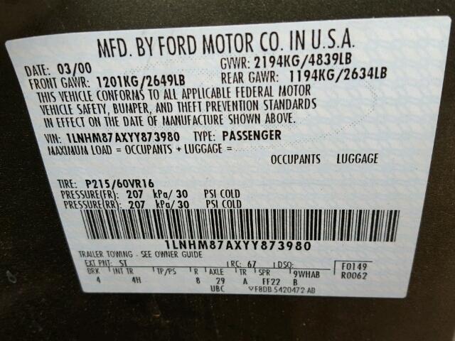 1LNHM87AXYY873980 - 2000 LINCOLN LS მწვანე ფოტო 10