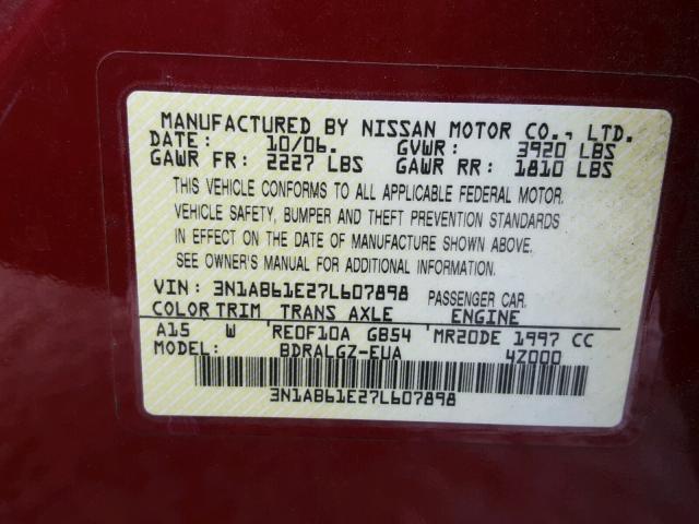 3N1AB61E27L607898 - 2007 NISSAN SENTRA 2.0 RED photo 10