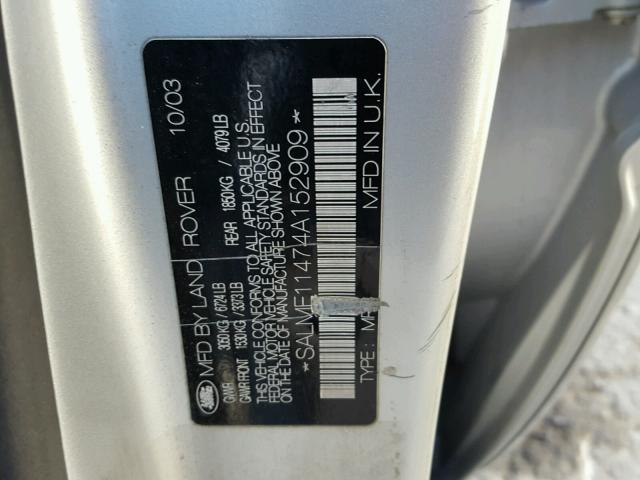 SALME11474A152909 - 2004 LAND ROVER RANGE ROVE SILVER photo 10