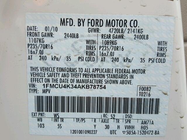 1FMCU4K34AKB78754 - 2010 FORD ESCAPE HYB WHITE photo 10