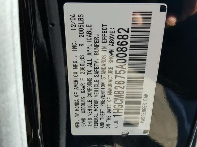 1HGCM82675A008682 - 2005 HONDA ACCORD EX BLACK photo 10