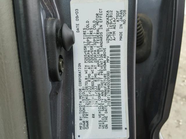 JTEBT17R940029380 - 2004 TOYOTA 4RUNNER LI GRAY photo 10